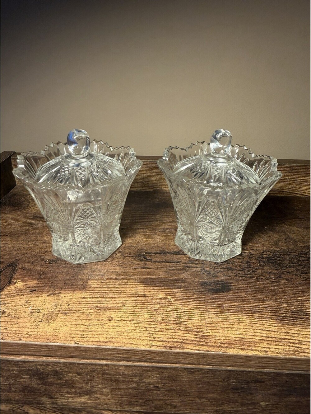 Country Flair Jam & Marmalade Set 6pc 4 oz Clear Cut Glass‎ Square w/ Lids Q0221